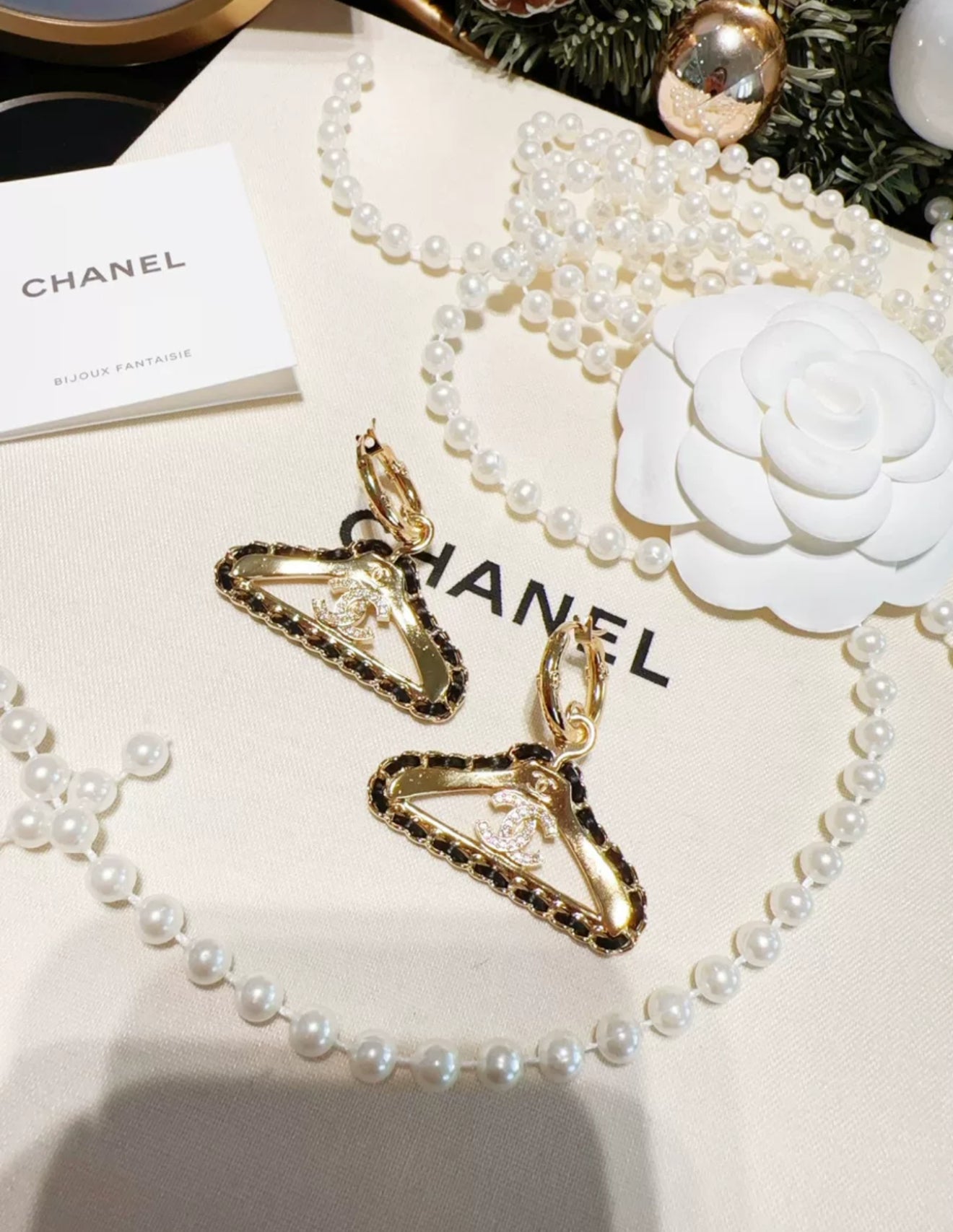 Chanel 23A Black Gold Leather Chain Hanger Earrings