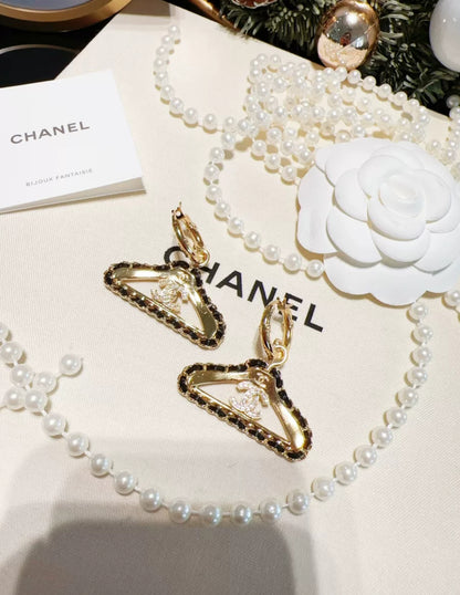 Chanel 23A Black Gold Leather Chain Hanger Earrings