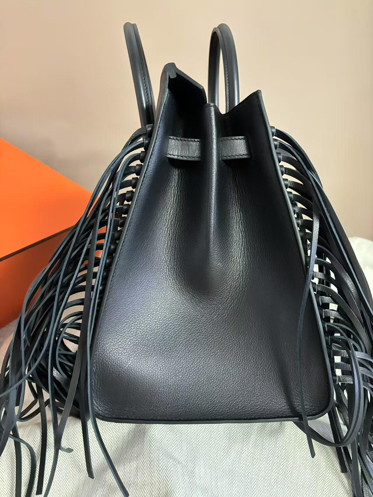 Hermès Birkin 35 Sellier Black Anate Fringe Evercolor leather Palladium Hardware