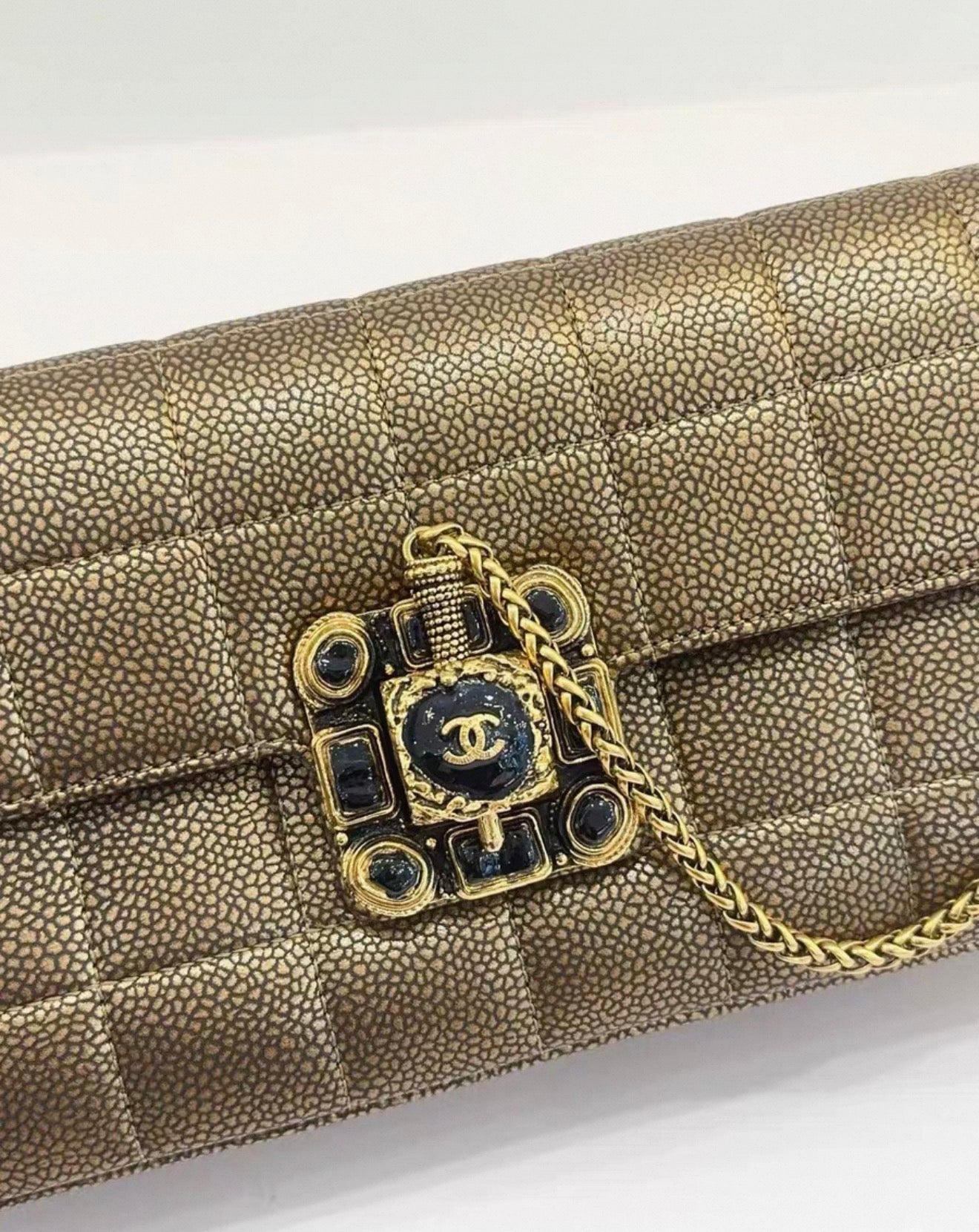 Chanel 2011 Gold Chocolate Bar Quilted Caviar Paris Byzance Gripoix East West Flap Bag Aged Gold Hardware,