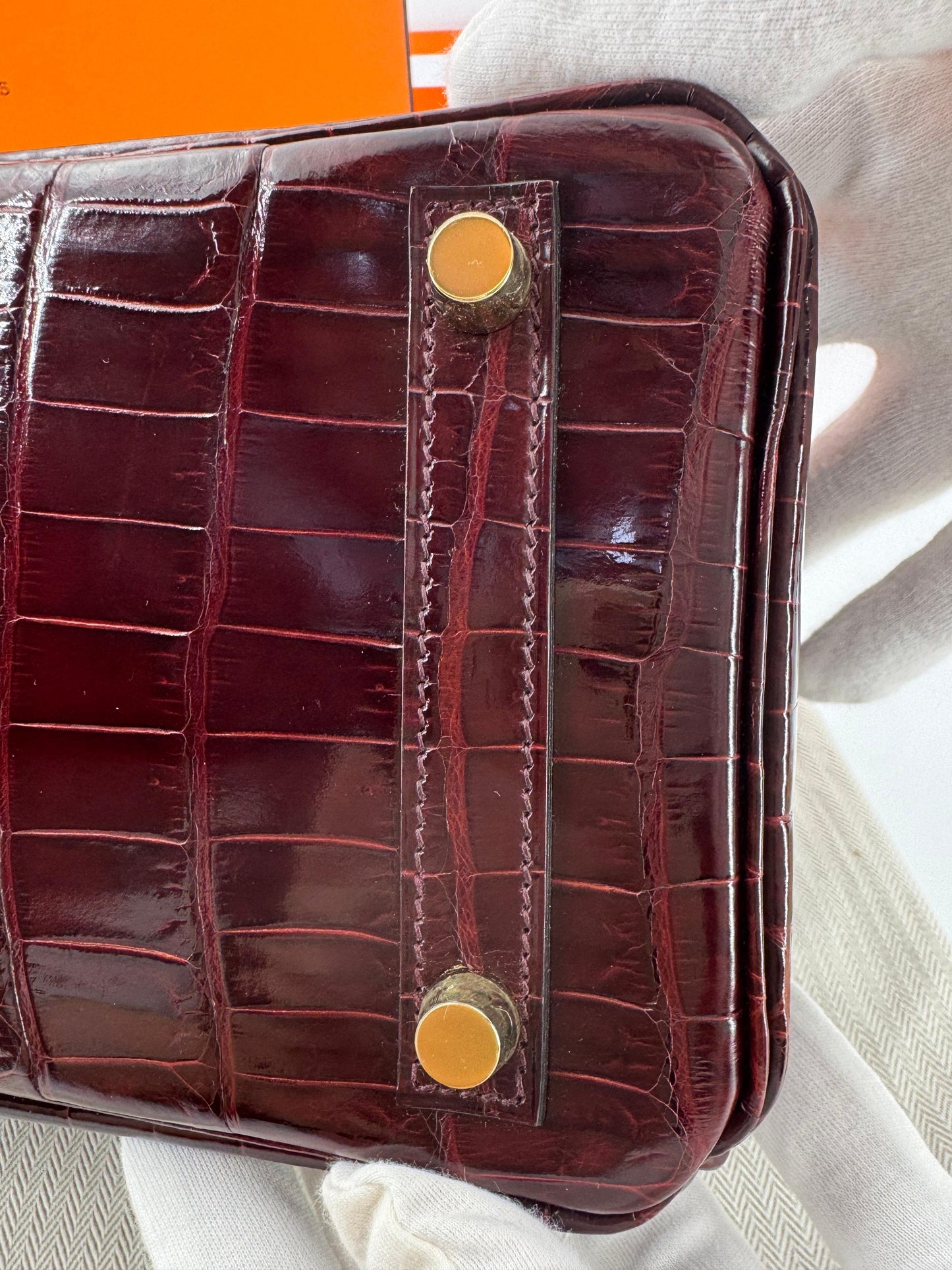 Hermes Birkin 25 Red Bordeaux shiny crocodile leather gold hardware