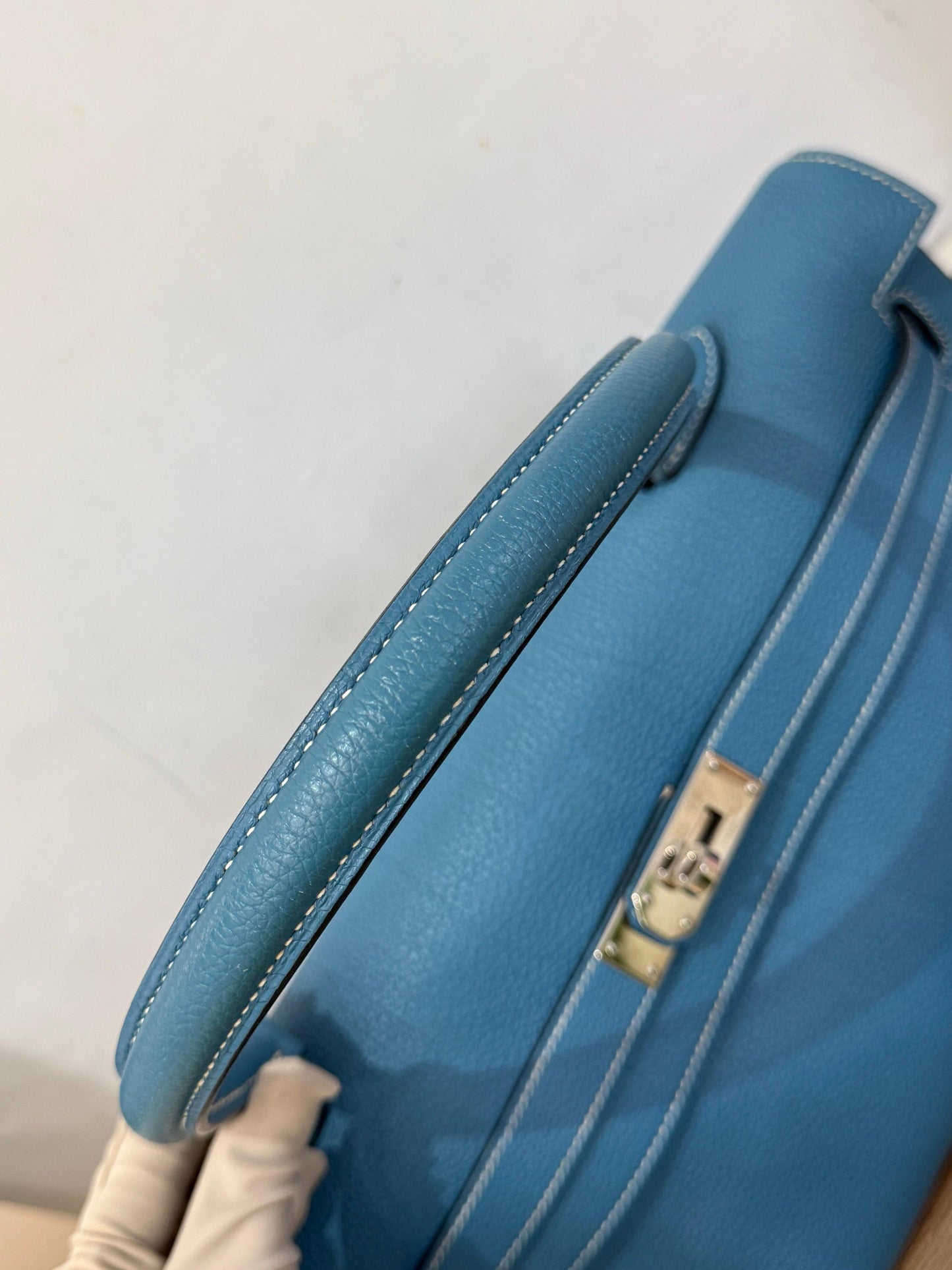 Hermes shoulder Kelly blue denim Togo leather palladium hardware