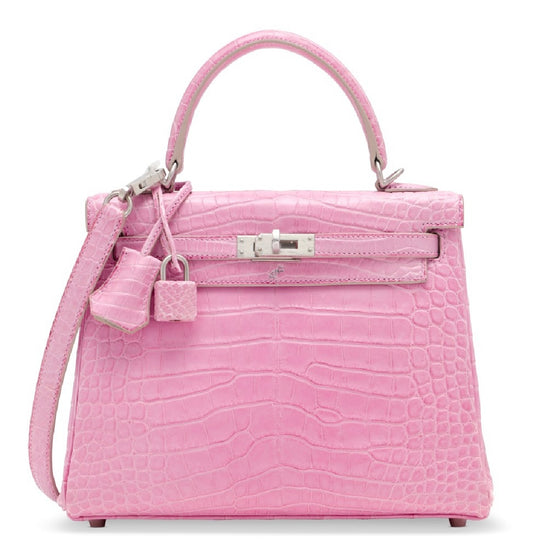 Hermès Kelly 25 Pink 5P Bubblegum & Gris Perle Matte Alligator with Brushed Palladium Hardware
