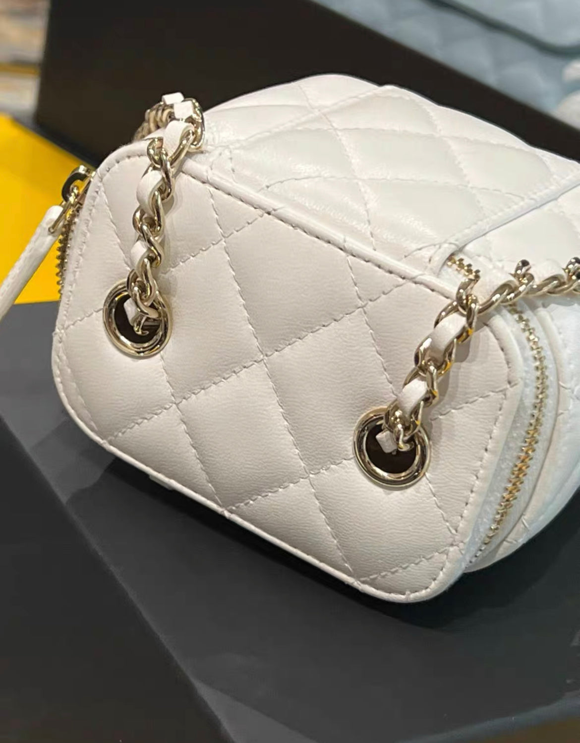 CHANEL Lambskin Quilted Small Camellia Bow Vanity Case With Chain