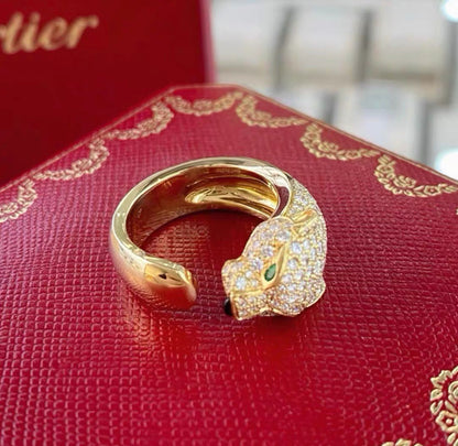 Panthere de Cartier ring in 18k Gold with diamonds and Emerald eyes Size 52