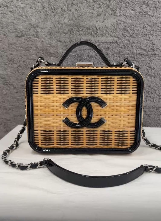 Chanel Vanity Case Beige & Black, Rattan, Patent Calfskin & Silver-Tone Metal