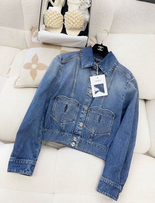 Chanel 24P Blue Denim Jacket with CC Pockets size 36