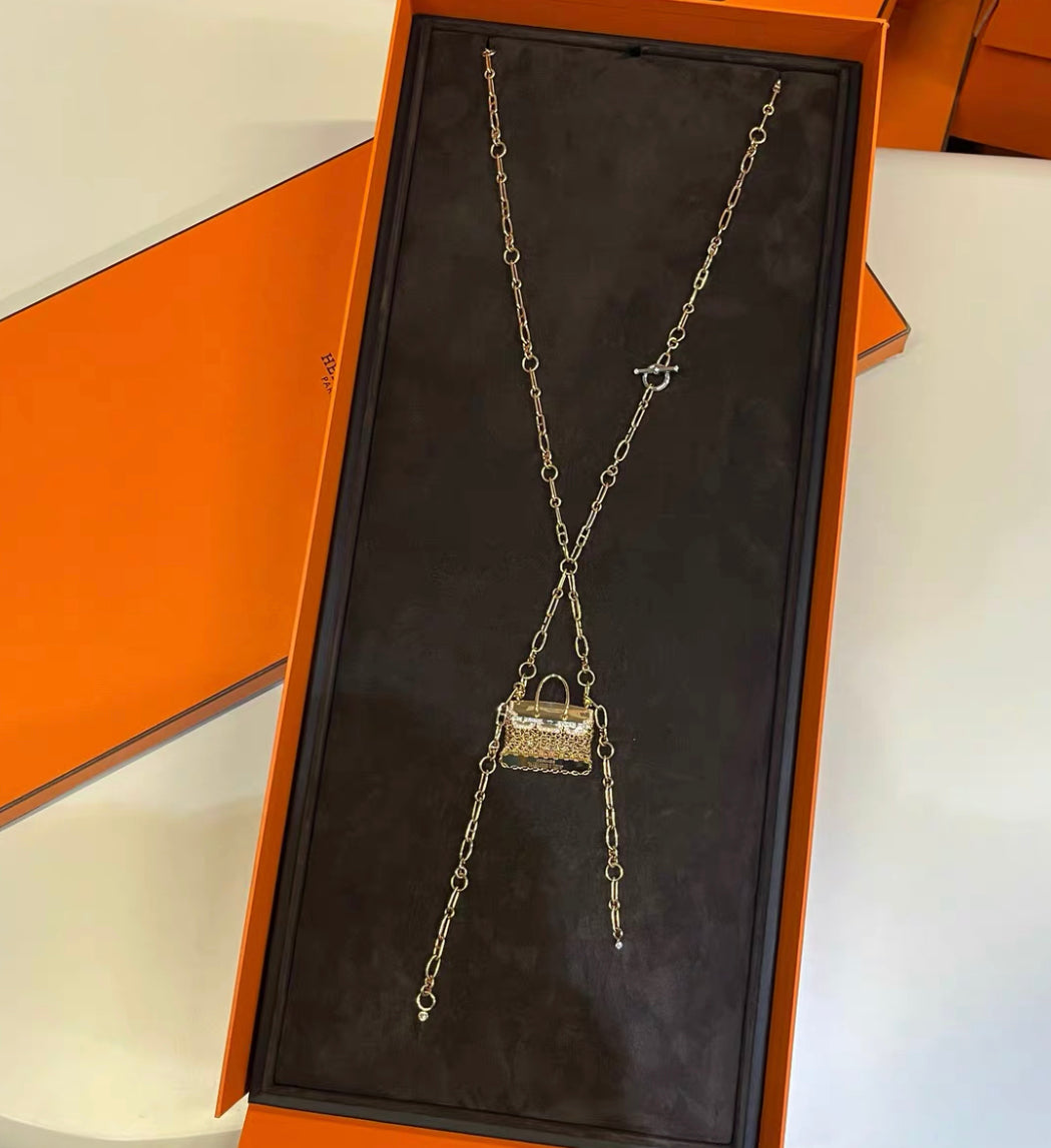 Hermes Limited Edition Diamond Precieux Birkin Rose Gold Pendant Necklace