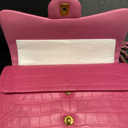 Super Rare Chanel Medium flap Pink Barbie Matte Crocodile leather with gold hardware