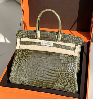 Rare Hermes Birkin 35 vert olive shiny porosus crocodile leather white gold diamond hardware