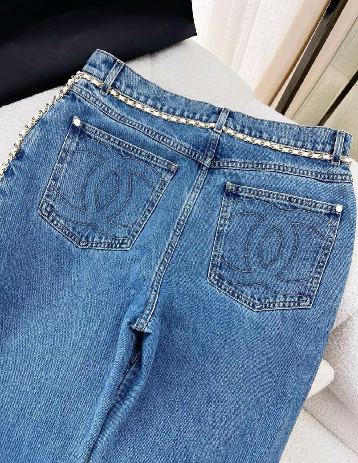 Chanel 23N Coco Neige blue chain denim in size 38