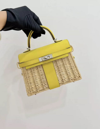 HERMÈS MINI KELLY PICNIC JAUNE DE NAPLES SWIFT & OSIER WICKER PALLADIUM HARDWARE