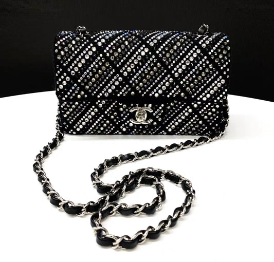 CHANEL 22A tweed, diamantés & silver metal black classic handbag