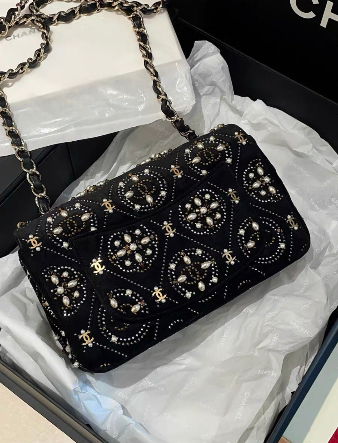 Chanel 2020 Black Velvet, Imitation Pearl, Strass CC Embellished Rectangular Mini Classic Flap Gold Hardware