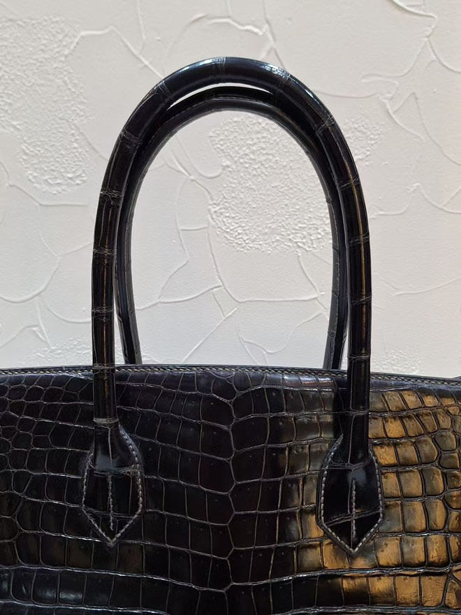 Rare Hermes shoulder birkin limited edition Black crocodile leather