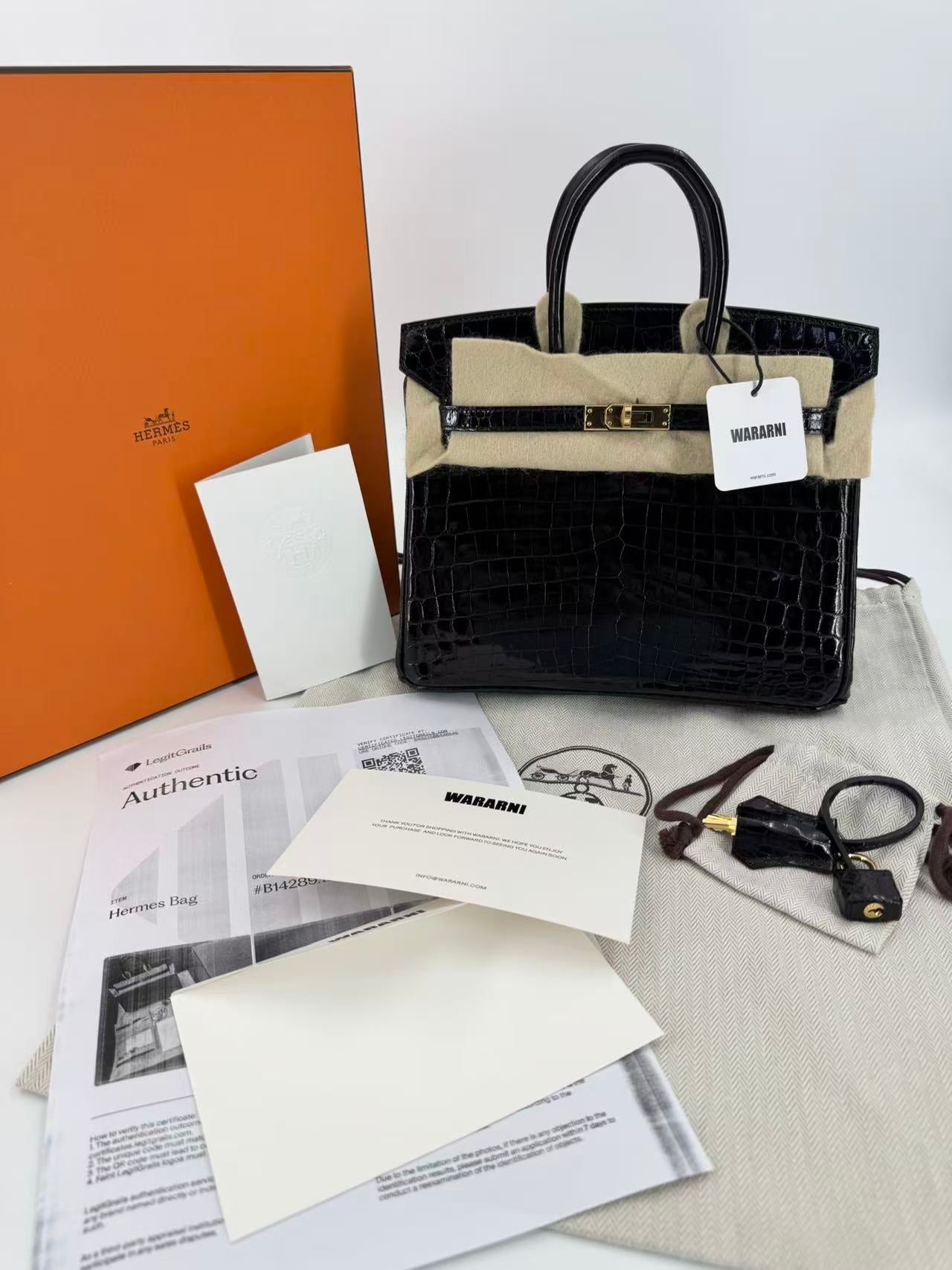 Hermes Birkin 25 Black shiny porosus crocodile leather gold hardware
