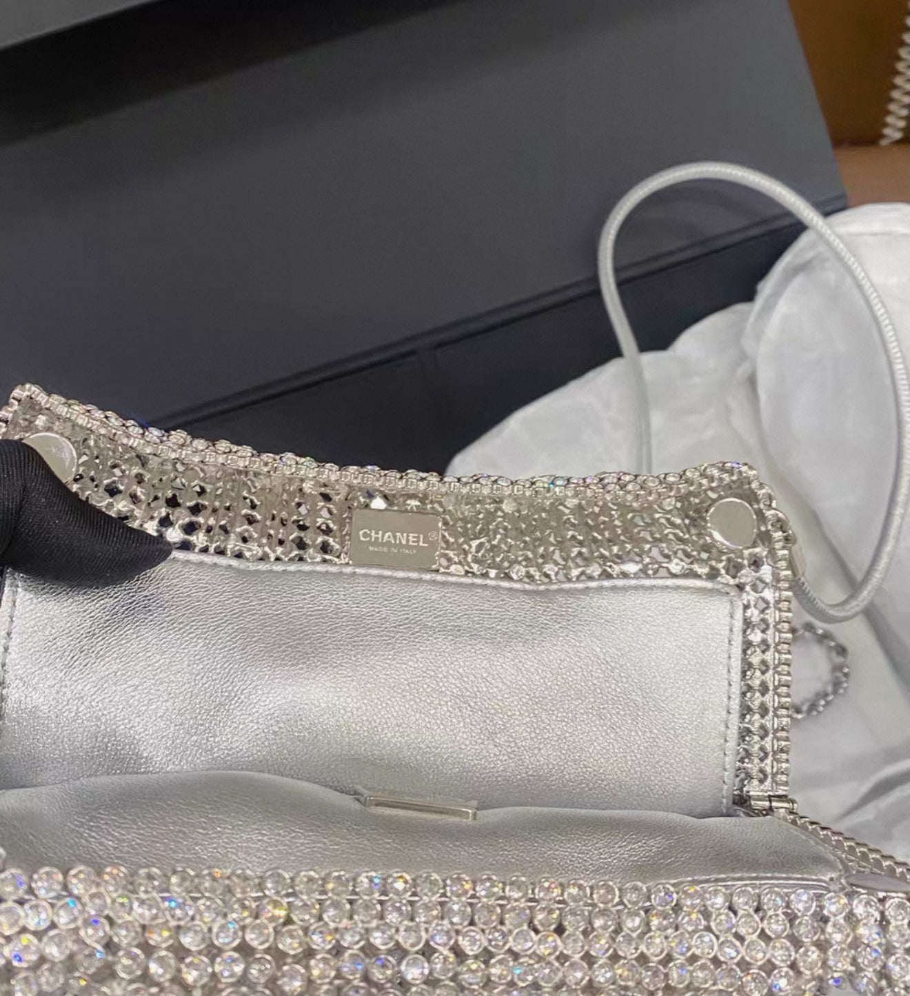 Chanel 24S 22bag mini silver metallic full rhinestones
