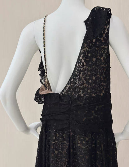 Chanel black lace evening dress