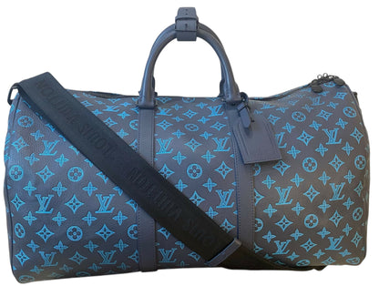 Louis Vuitton LIMITED EDITION Keepall Navy Teal River Bandouliere 50 Monogram Shadow!