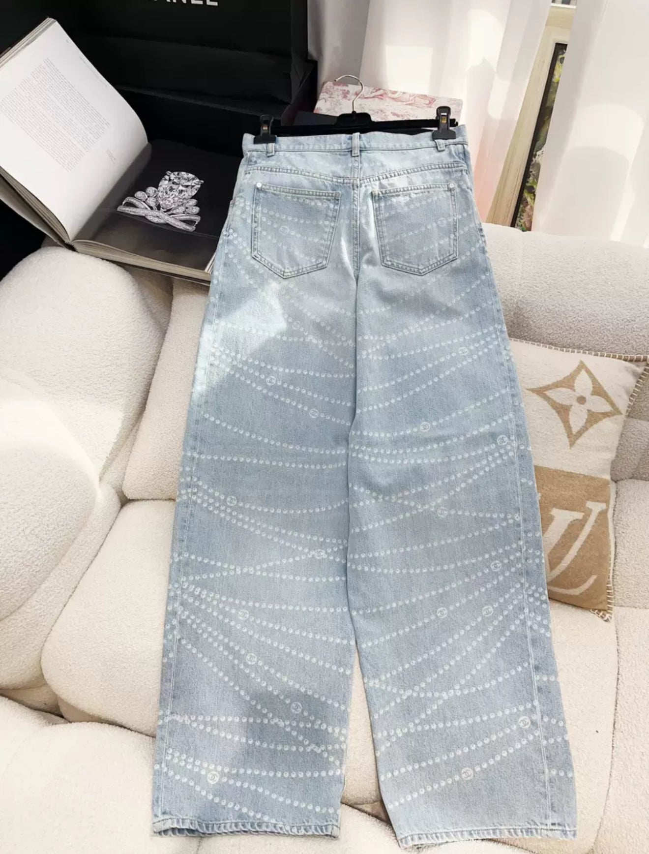 Chanel 25P Light Blue Denim Pearl Print CC Logo Baggy Jeans
