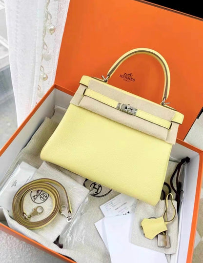 Hermes Kelly 25 Jaune Poussin Togo Leather Palladium hardware