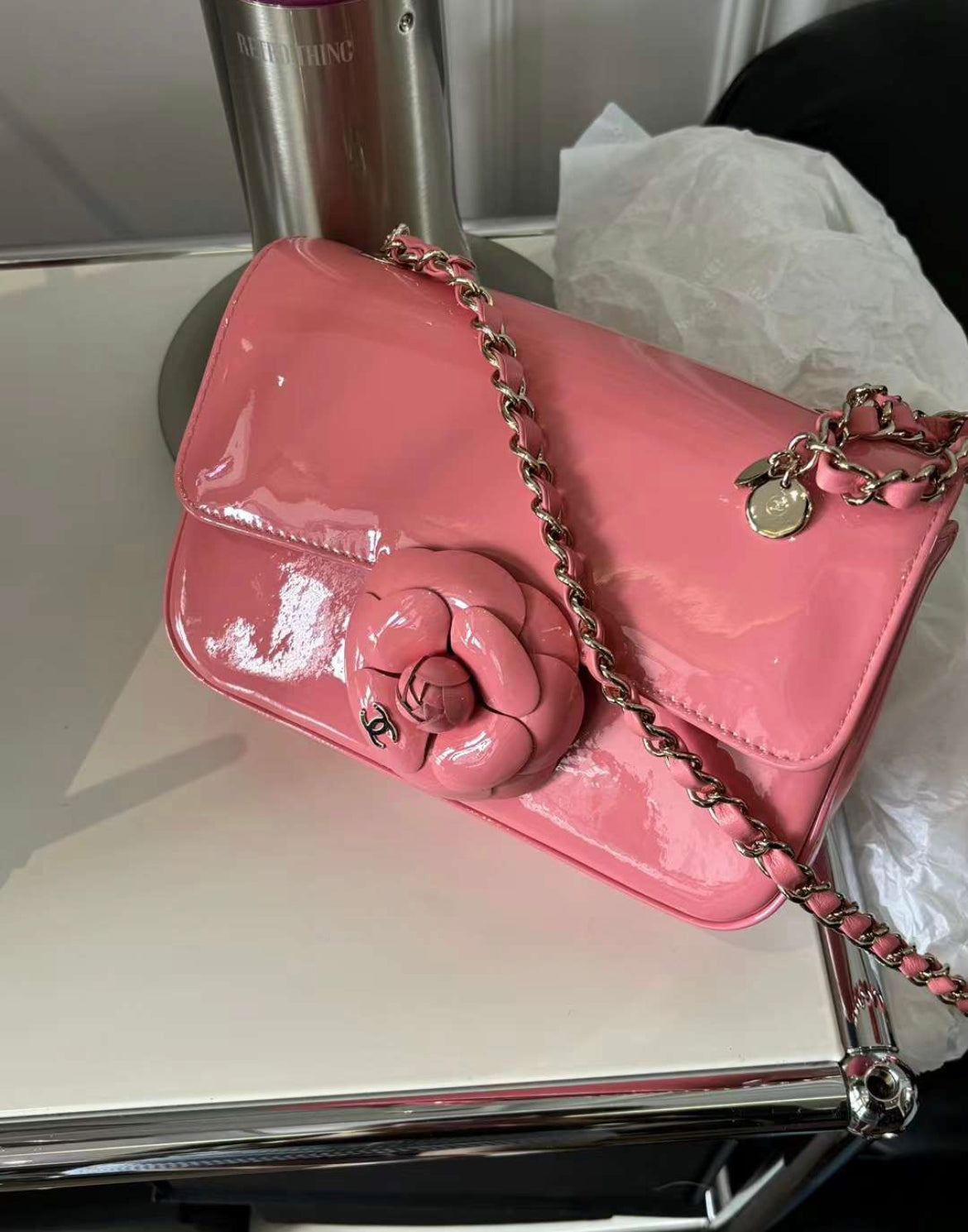 chanel 23k pink patent leather camellia large mini shoulder bag