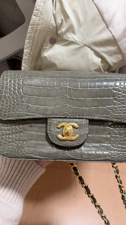 Rare Chanel grey shiny alligator leather Mini flap with gold hardware