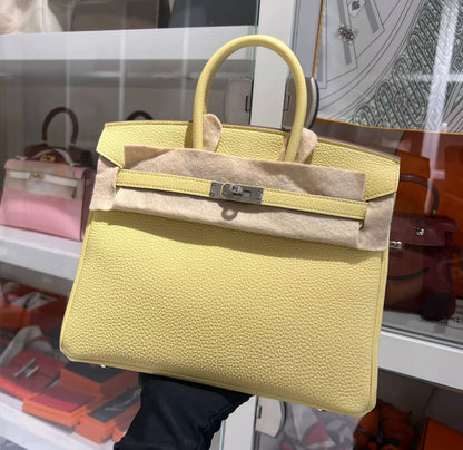 Hermes Birkin 25 Jaune Poussin Togo Leather Palladium Hardware Handbag