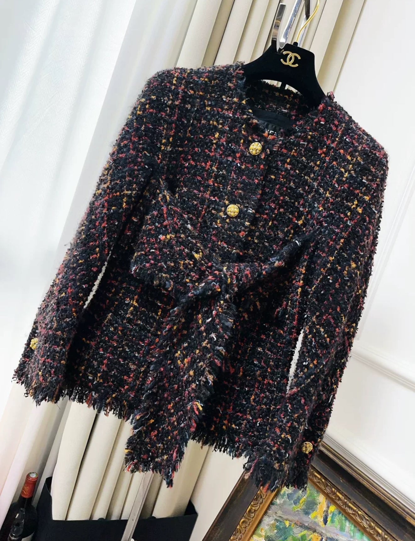 chanel 10A black tweed fringed jacket
