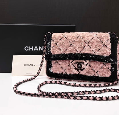 Chanel 24P Small Flap Bag Sequins & Black Metal, Pink & Black