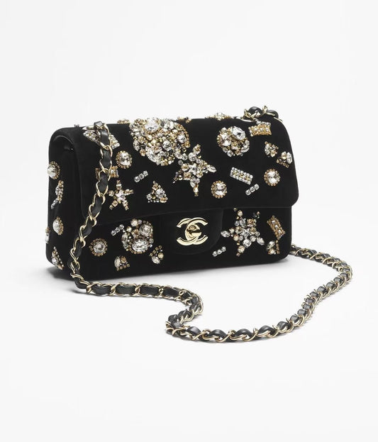 Chanel Fall-Winter 2025/26 MINI CLASSIC HANDBAG Velvet, Strass, Imitation Pearls & Gold-Tone Metal 
Black, Crystal & Golden
