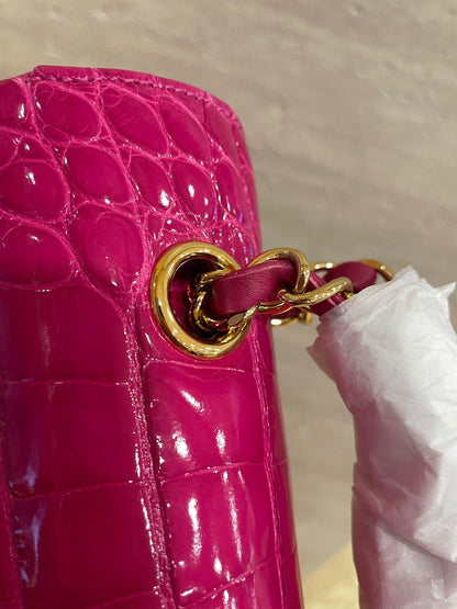 Chanel Medium Pink crocodile Alligator Flap Bag Gold Hardware