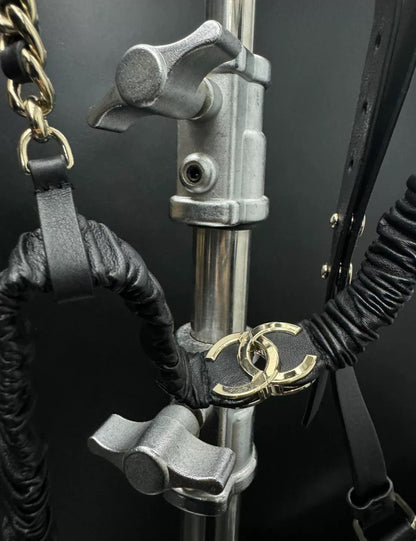 Chanel 22C Black Leather suspenders with Gold Hardware Chain