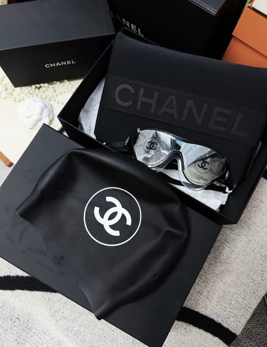 Chanel 24S swimming suit Glasses + black swimming cap + white swimming cap