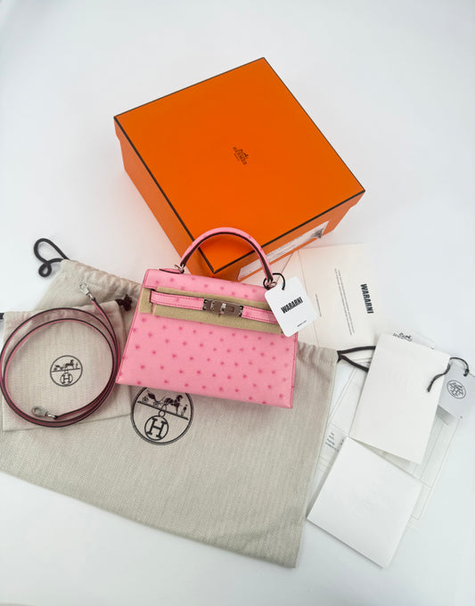 Hermès Mini Kelly 20 Bubblegum Pink (L4) Ostrich Leather With Palladium Hardware