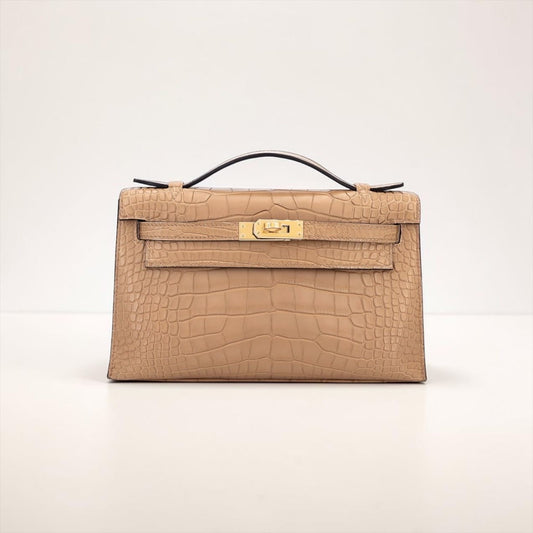 Hermes Kelly Pochette Chai Matte Alligator Gold hardware
