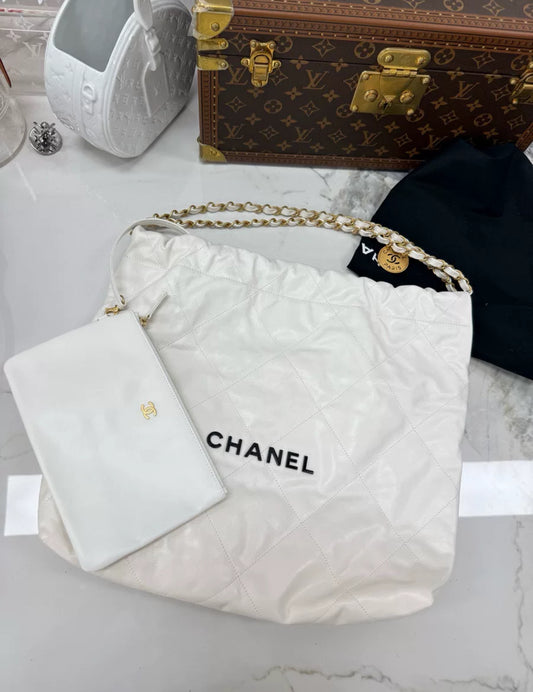 Chanel 22 Hobo Bag White Leather Gold Hardware
