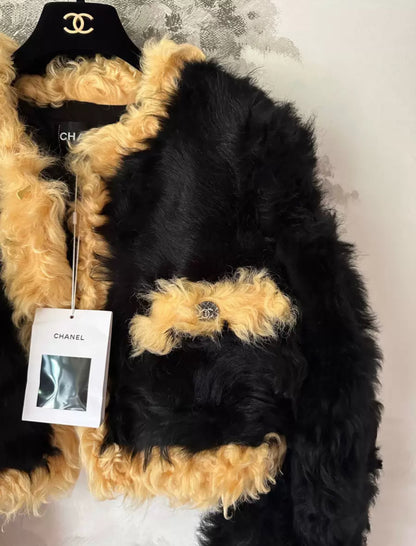 Chanel 21K Black & Light Orange Shearling Lambskin Jacket