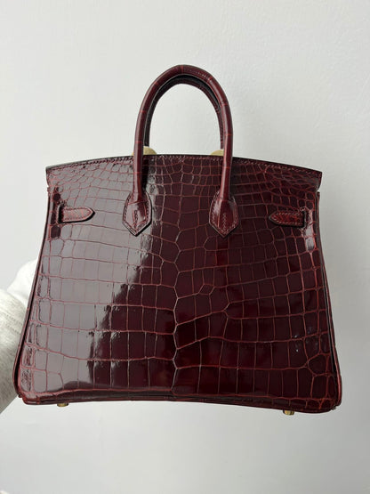 Hermes Birkin 25 Red Bordeaux shiny crocodile leather gold hardware