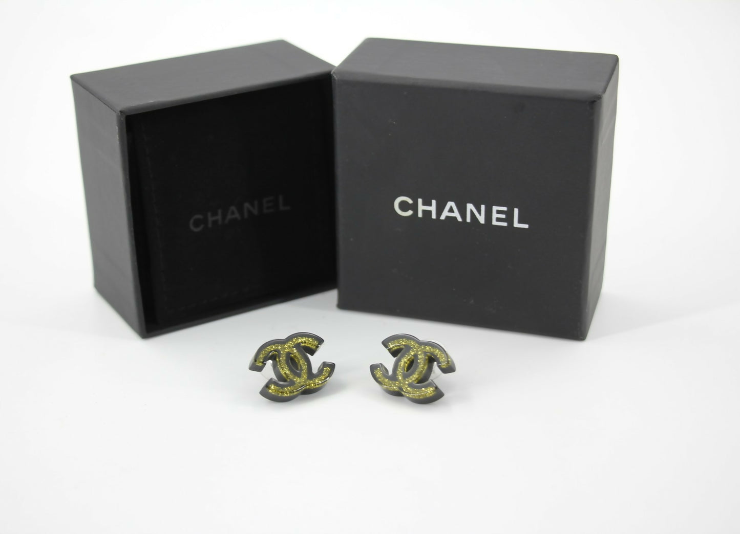Chanel 17S Resin Gold Powder Black Stud Earrings