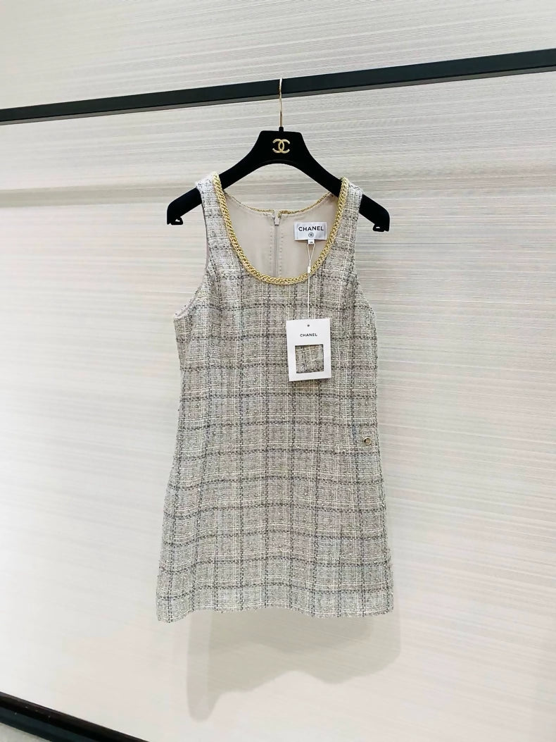 Chanel 25B gray gold tweed dress