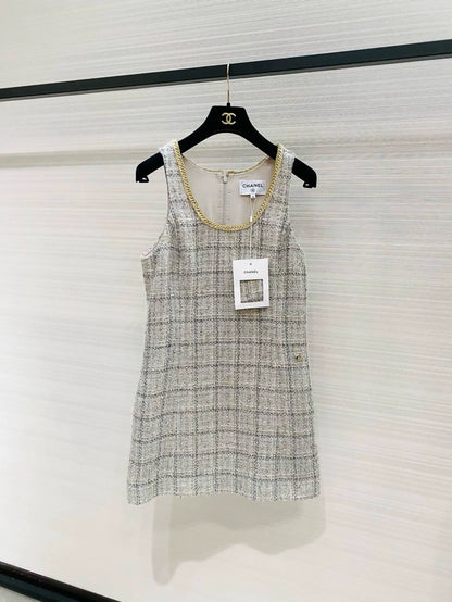 Chanel 25B gray gold tweed dress