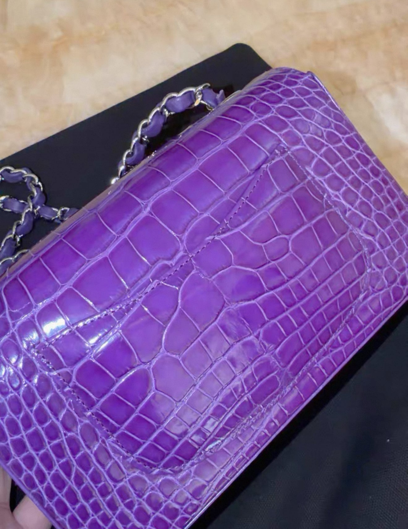 Chanel purple alligator leather mini flap silver hardware