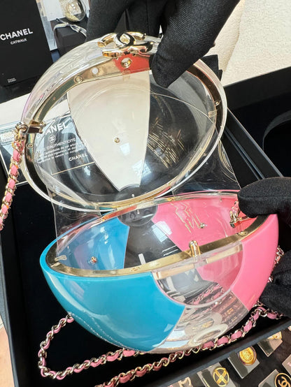 Rare Chanel 2019 Runway White Blue Pink Clear Round Beach Ball Evening Shoulder Bag very good condition full set with original box