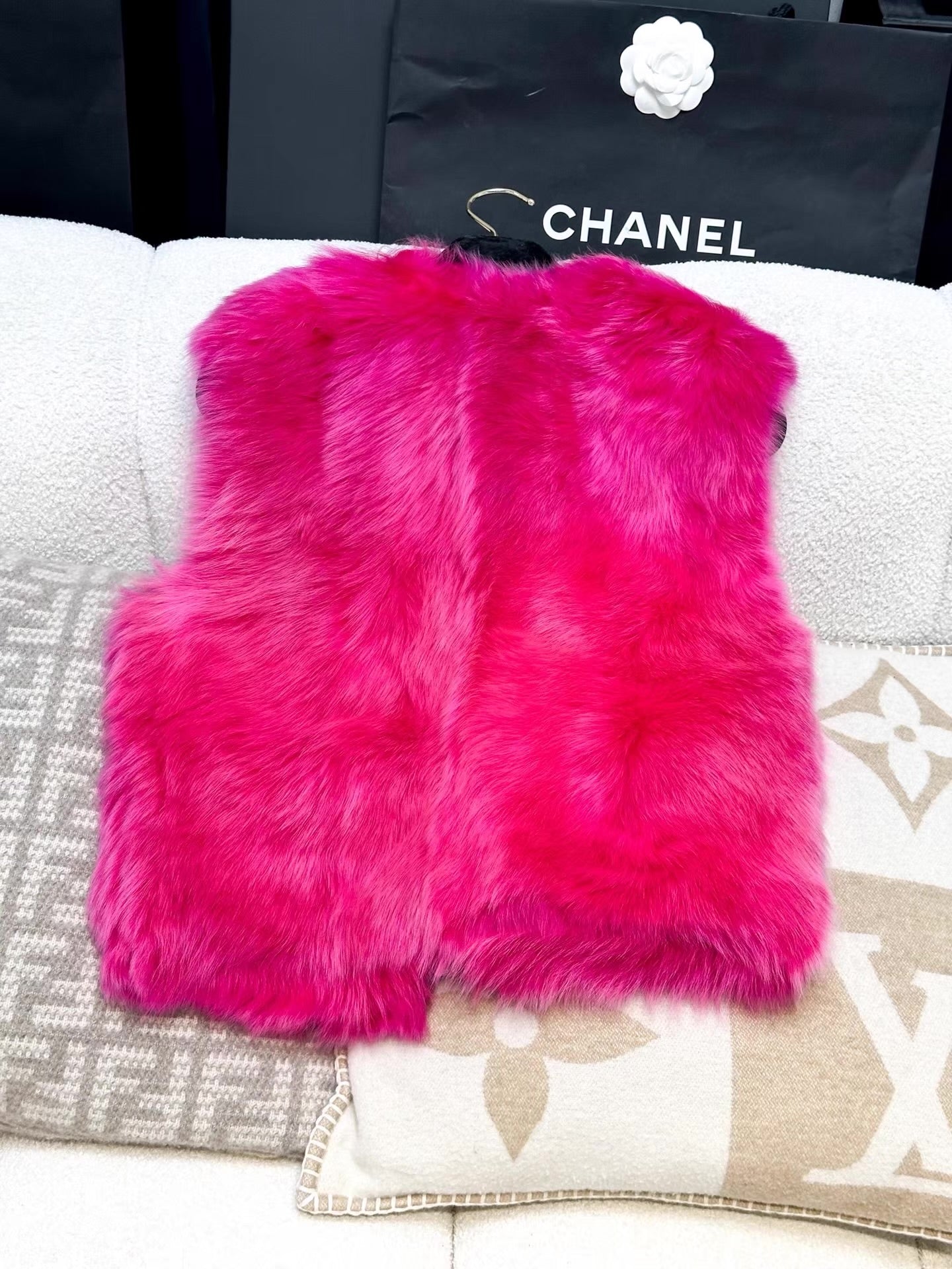 Chanel 23N fuchsia & black reversible shearling vest