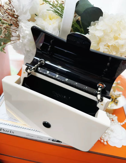 Chanel 21S Black & Ecru CF Acrylic evening clutch Bag Minaudière