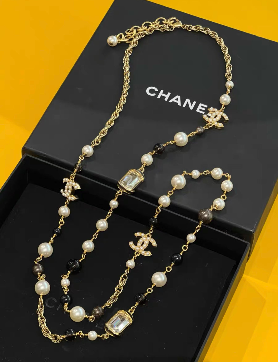 Chanel 22A Long Pearl CC Gem Stone Necklace