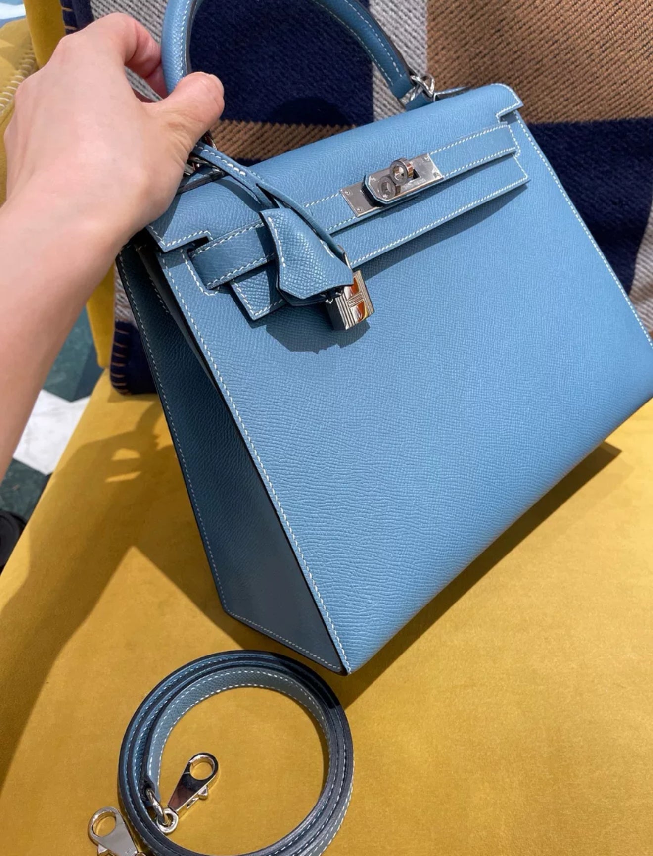 Hermes Kelly 28 Blue Denim Epsom Leather Palladium Hardware
