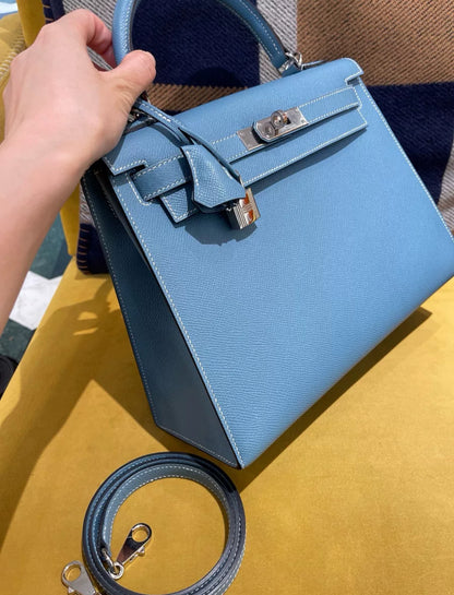 Hermes Kelly 28 Blue Denim Epsom Leather Palladium Hardware