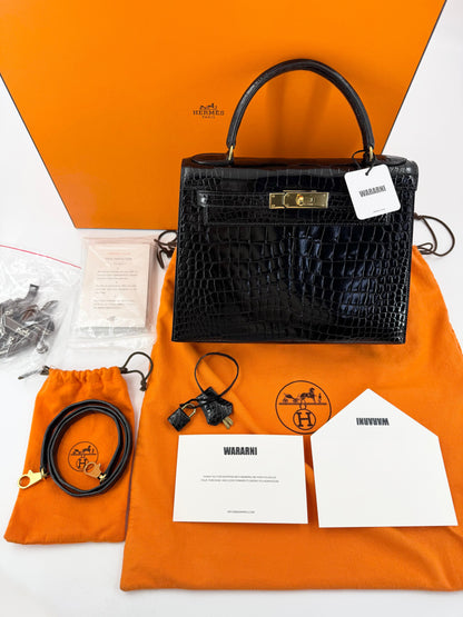 Hermes kelly 28 black shiny crocodile leather Gold hardware